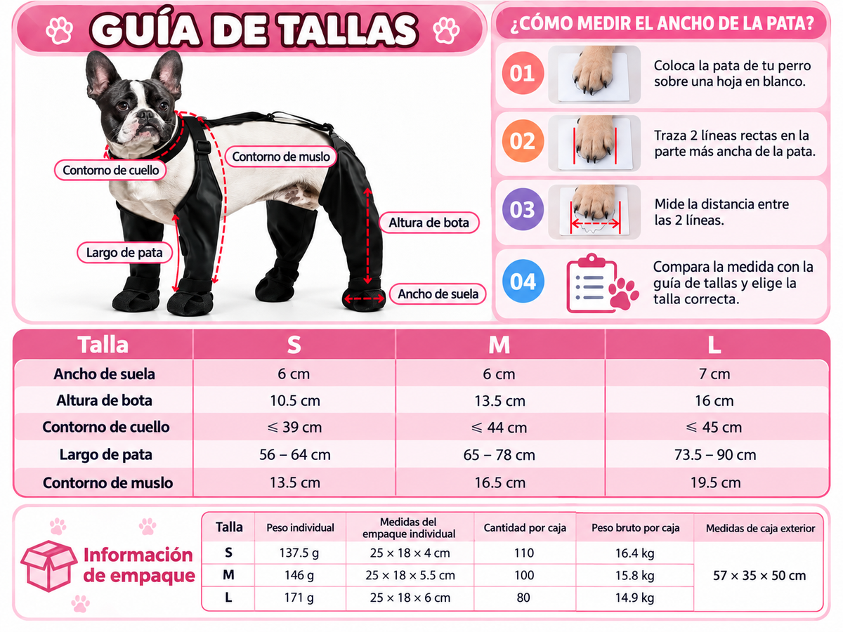 Guía de tallas S, M y L con medidas e instrucciones para medir la pata