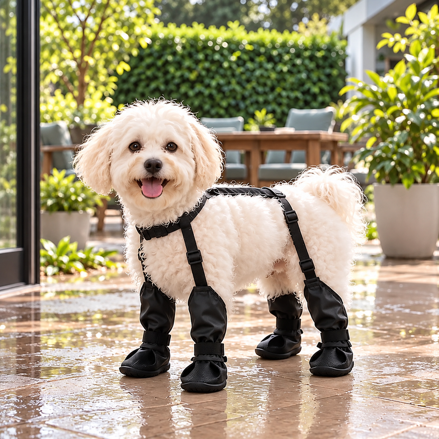 Perro con las cuatro patas protegidas sobre un patio húmedo