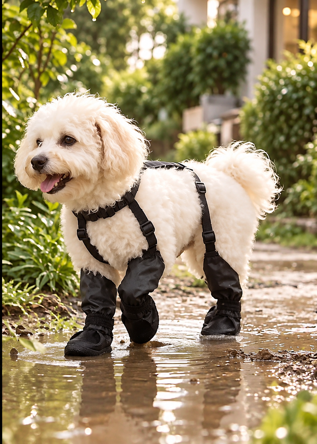 Perro con botas conectadas durante un paseo
