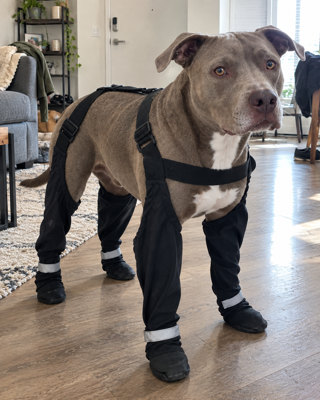 Foto del producto tomada por el responsable de HappyPaws: perro con las botas puestas
