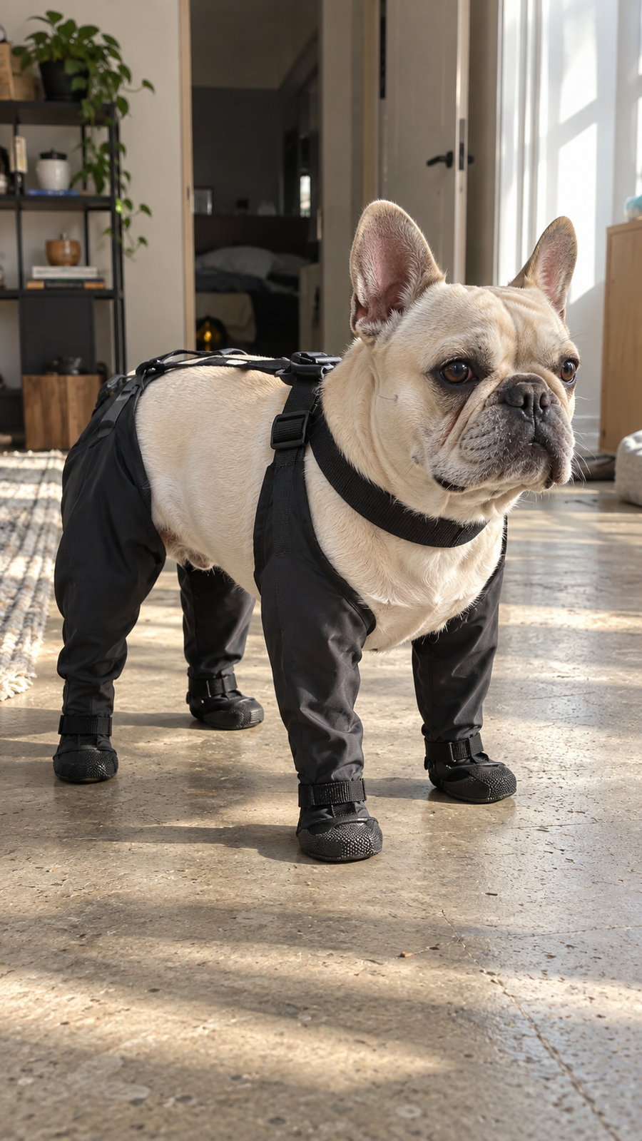 Bulldog con las correas conectadas y las cuatro botas ajustadas